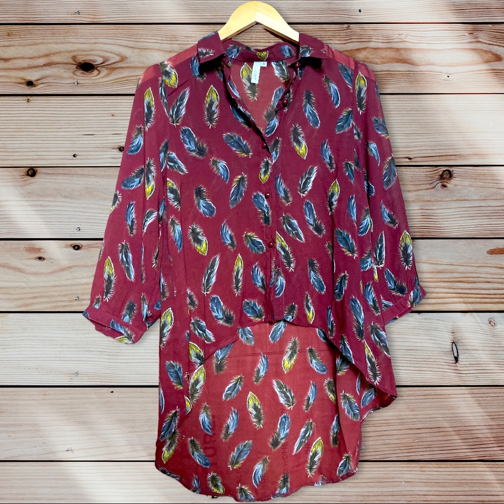 Sheer Burgundy Feather Print Hi-Low Button Up Blouse